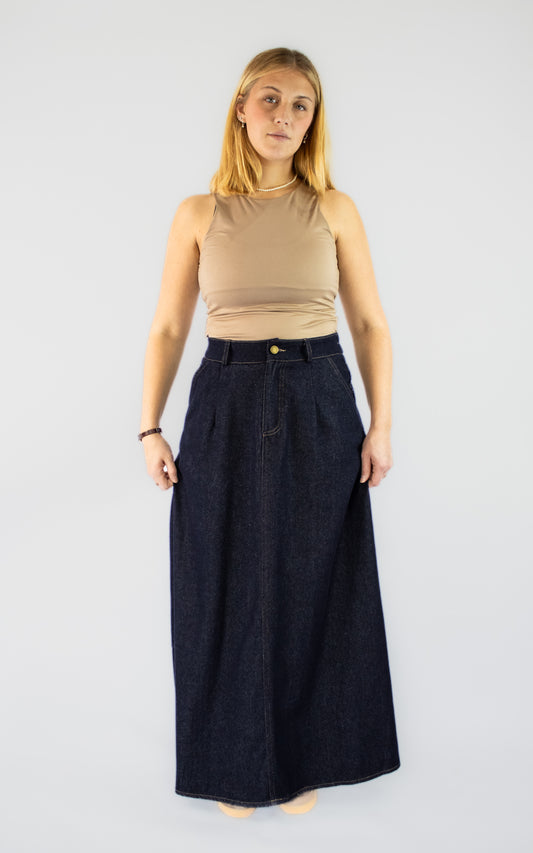 Jupe longue en jean taille haute avec plis pour femme, jupe en denim élégante BySaphir.