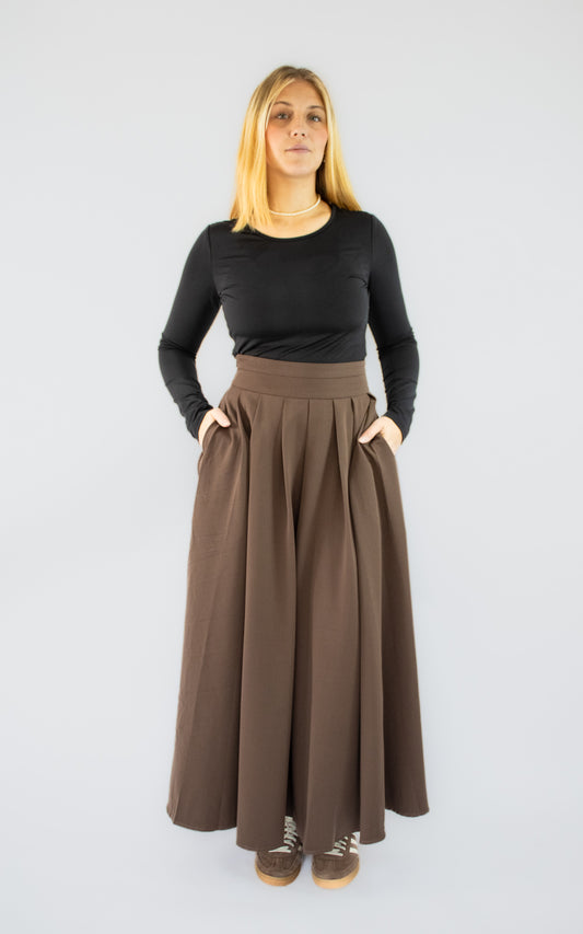 Jupe longue marron taille haute plissée pour femme, prêt-à-porter BySaphir.