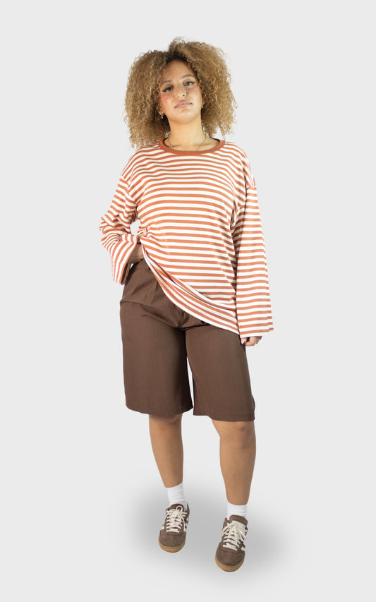 Haut à rayures beige et terracotta à manches longues